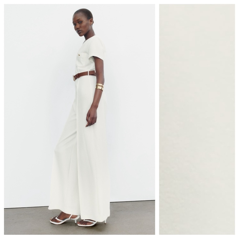 NWT. Zara White Belted Crepe V-neck Jumpsuit with Short Sleeves. Size L. - Picture 4 of 11